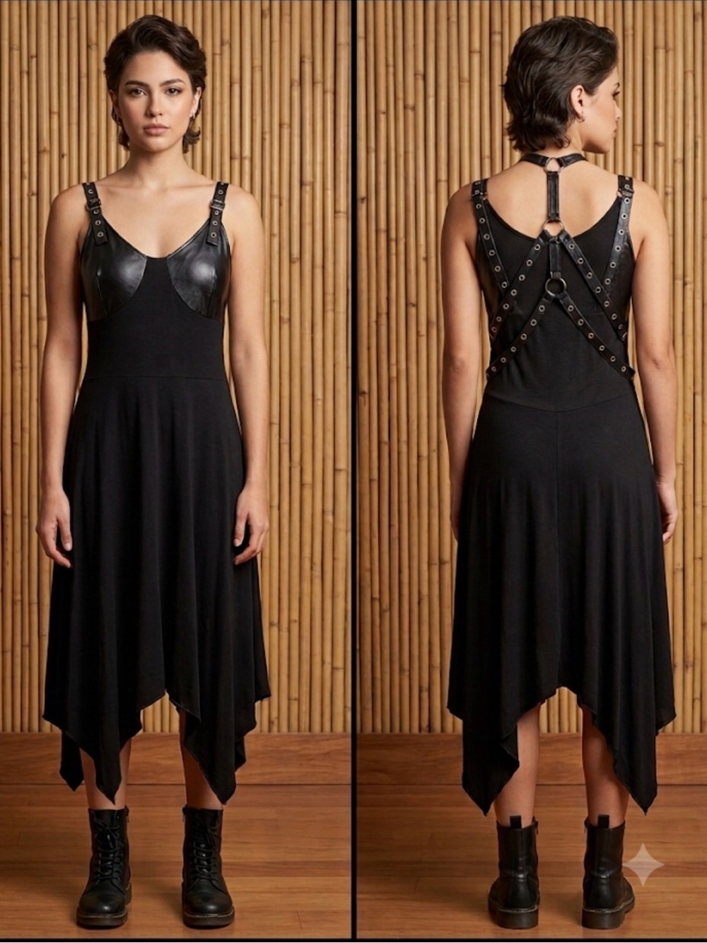 Asymmetric Black Grommet Strap Dress
